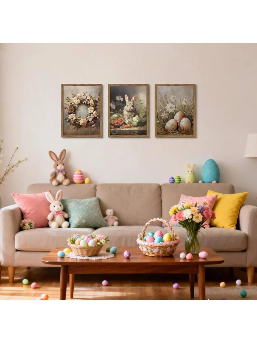 Vintage Easter Bunny Wall Art Set of 3 - Rustic Spring Canvas Decor for Home